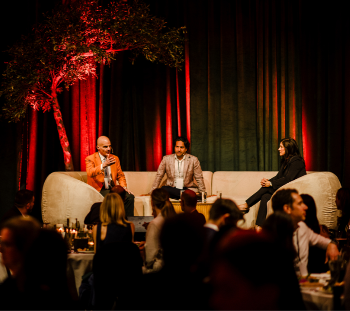 An event image with three participants on a couch