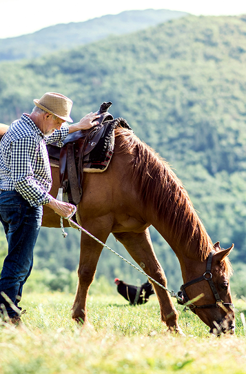 A man standing next to a horse