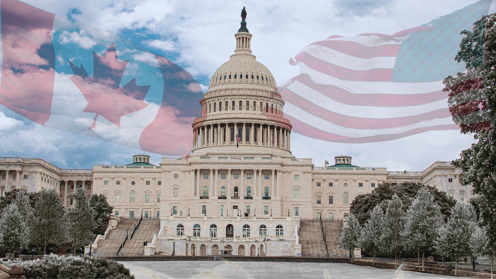 Us Capitol building with Canadian and US flags faded overlay